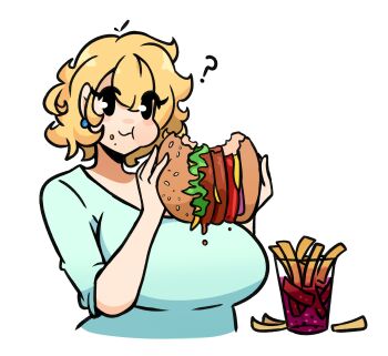 1girl ? antenna_hair black_eyes blonde_hair blue_shirt breasts burger character_request closed_mouth commentary crossed_bangs cup earrings eating english_commentary food food_on_face french_fries hair_between_eyes highres holding holding_burger holding_food jewelry large_breasts messy_hair murgoten original puffy_cheeks shirt short_hair short_sleeves simple_background soda solo upper_body white_background you're_doing_it_wrong