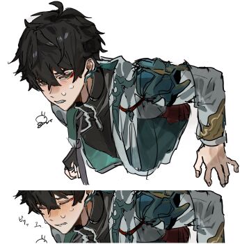 1boy absurdres black_gloves black_hair blush chinese_clothes closed_eyes closed_mouth commentary_request dan_heng_(honkai:_star_rail) dan_heng_(hunt)_(honkai:_star_rail) earrings eyeliner gloves green_eyes highres honkai:_star_rail honkai_(series) hoop_earrings jewelry long_sleeves makeup r_moonl red_eyeliner short_hair single_earring single_glove teeth through_wall translation_request