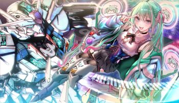 1girl aqua_eyes aqua_hair black_bow black_bowtie black_choker black_skirt black_thighhighs bow bowtie choker crossover fang gundam gundam_aerial gundam_suisei_no_majo hair_bow hatsune_miku hood hooded_jacket jacket long_hair mecha mechanical_boots mobile_suit multicolored_hair open_clothes open_jacket open_mouth pink_bow pink_hair pleated_skirt robot shirt skirt sleeveless sleeveless_shirt thighhighs twintails v v-fin v_over_eye vocaloid wasabi_(payan) white_shirt