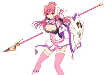 1girl breasts brown_eyes cleavage cleavage_cutout clothing_cutout dress en_ciel_rena en_ciel_rena_(sin) game_cg gloves hair_ornament headgear holding holding_polearm holding_shield holding_weapon kourin_tenshi_en_ciel_rena large_breasts large_variant_set long_hair long_sleeves looking_at_viewer non-web_source official_art pink_hair pink_thighhighs polearm ponytail red_eyes saitou_natsuki shield short_dress skirt solo spear suhamaya thighhighs tomoe_rena transparent_background variant_set weapon zettai_ryouiki