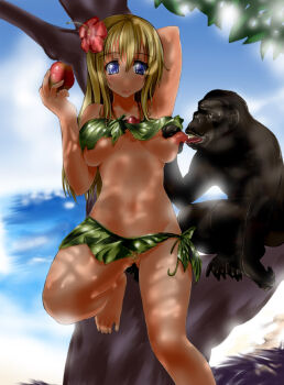 1girl abubu ape apple barefoot bestiality bikini blonde_hair blue_eyes blush bra bra_lift breast_slip breast_sucking breastfeeding breasts clothes_lift dappled_sunlight eating feet female_focus female_pubic_hair food fruit grabbing_another's_breast groping holding holding_food holding_fruit large_breasts leaf_bikini licking licking_breast licking_nipple lingerie long_hair midriff monkey nipple_stimulation nipples no_panties one_breast_out pubic_hair pussy pussy_peek solo sunlight swimsuit toes underwear