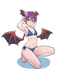 1girl absurdres alternate_costume armpits arms_up bikini blue_bikini breasts cleavage closed_mouth commentary darkstalkers demon_girl demon_wings english_commentary head_wings highres lilith_(darkstalkers) looking_at_viewer multiple_wings navel purple_hair red_eyes short_hair simple_background small_breasts smile solo swimsuit watcher_hollow white_background wings