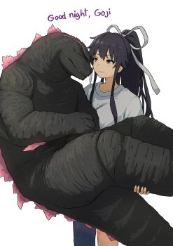 1girl :d absurdres asymmetrical_clothes black_hair clothing_cutout commentary commission crossover english_commentary english_text godzilla godzilla_(monsterverse) godzilla_(series) godzilla_evolved godzilla_x_kong:_the_new_empire hair_ribbon highres kaiju kanzaki_kaori king_kong_(series) long_hair monster monsterverse open_mouth ponytail purple_eyes reverse_princess_carry ribbon role_reversal sharp_teeth shirt single_pantsleg smile tatararashi teeth toaru_majutsu_no_index toho white_background white_shirt