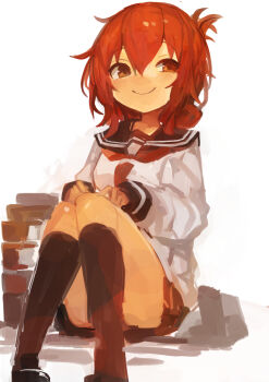 1girl absurdres black_sailor_collar black_skirt black_socks brown_eyes brown_hair commentary folded_ponytail hair_between_eyes highres inazuma_(kancolle) kaamin_(mariarose753) kantai_collection kneehighs long_sleeves looking_at_viewer neckerchief red_hair red_neckerchief sailor_collar school_uniform serafuku shoes simple_background sitting skirt smile socks solo white_background