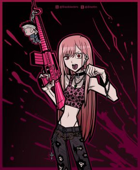 1girl absurdres alternate_costume animal_print bare_shoulders bead_bracelet beads belt bisotin_(bisobisobro) black_choker black_pants blonde_hair bracelet character_charm charm_(object) choker crop_top denim ear_piercing earrings fingernails g-string gojou_wakana gun gyaru highres holding holding_gun holding_weapon jeans jewelry kitagawa_marin leopard_print long_fingernails long_hair looking_at_viewer navel o-ring o-ring_belt pants piercing pink_nails pink_shirt red_eyes shirt solo sono_bisque_doll_wa_koi_wo_suru spiral_fingerprint thong tongue tongue_out tongue_piercing torn_clothes torn_jeans torn_pants tumblr_username twitter_username wallet_chain weapon