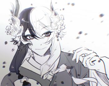 1boy aegyo_sal aqua_eyeliner braid chinese_clothes chinese_commentary closed_mouth commentary_request dot_nose eyelashes eyeliner flower gradient_background grey_background greyscale hair_between_eyes hair_extensions hair_flower hair_ornament hair_tubes hand_up hanfu happy highres infinity_nikki lips long_sidelocks looking_ahead loose_hair_strand makeup male_focus monochrome multicolored_hair nikki_(series) o-ring official_alternate_costume petals short_hair_with_long_locks sidelocks smile solo split-color_hair spot_color tan_youyou_(infinity_nikki) tiaozhanjixian264 twin_braids two-tone_hair upper_body white_background