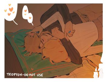 1boy 1girl arm_around_neck artist_name black_sweater blonde_hair border brown_pants closed_eyes couple earrings hand_in_another&#039;s_hair heart hetero jewelry kiss light_blush link medium_hair nintendo on_bed pants pointy_ears princess_zelda pyonteo ring spoken_heart sweater the_legend_of_zelda the_legend_of_zelda:_breath_of_the_wild the_legend_of_zelda:_tears_of_the_kingdom white_border white_sweater