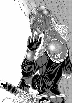 1girl 913kousatu absurdres commentary_request dark_souls_(series) dark_souls_iii from_side gloves greyscale helm helmet highres long_hair long_sleeves monochrome profile scabbard sheath sheathed shirt solo sword upper_body weapon yuria_of_londor