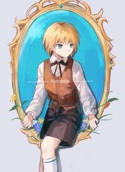 1boy black_ribbon black_shorts brown_jacket closed_mouth collared_shirt commentary dot_nose highres hunter_x_hunter jacket kneehighs kurapika looking_to_the_side male_focus neck_ribbon pants ribbon sevenlistening shirt short_hair shorts simple_background sitting socks solo symbol-only_commentary vest waistcoat white_background white_pants