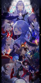 6+boys 6+girls absurdres acheron_(honkai:_star_rail) alternate_costume animal_skull apple arm_up ascot aventurine_(honkai:_star_rail) bare_shoulders black_gloves black_hair black_hat black_horns black_jacket black_shirt black_swan_(honkai:_star_rail) blonde_hair blood blood_on_face bloody_tears blue_bow blue_bowtie blue_eyes blue_hat blue_pupils body_markings boothill_(honkai:_star_rail) bow bowtie breasts bright_pupils brown_hair card cigarette circle_facial_mark cleavage closed_mouth collarbone collared_shirt commentary_request crying crying_with_eyes_open dr._ratio_(honkai:_star_rail) dress earrings facial_mark fang flower_tattoo food fruit gallagher_(honkai:_star_rail) glasses gloves glowing glowing_eye glowing_eyes green_eyes grin hair_between_eyes hair_over_one_eye half-closed_eyes half_mask hat head_wings highres holding holding_card holding_cigarette honkai:_star_rail honkai_(series) horns jacket jade_(honkai:_star_rail) jewel_under_eye jewelry large_hat long_hair looking_at_viewer mark_under_both_eyes mask misha_(honkai:_star_rail) mole mole_under_eye multicolored_hair multiple_boys multiple_girls multiple_moles necktie open_mouth outstretched_arms ozuro_(orzbone2008) parted_lips partially_shaded_face pink_blood pink_eyes puppet_strings purple_dress purple_eyes purple_gloves purple_hair purple_hat purple_lips purple_veil red_dress red_eyes red_horns red_jacket red_necktie robin_(honkai:_star_rail) sampo_koski see-through_cleavage see-through_clothes sharp_teeth shirt short_hair shoulder_tattoo sidelocks skin_fang slit_pupils smile snake something_unto_death_(honkai:_star_rail) sparkle_(honkai:_star_rail) sunday_(honkai:_star_rail) tattoo tears teeth topaz_(honkai:_star_rail) two-tone_hair veil very_long_hair vest white_ascot white_gloves white_hair white_pupils white_shirt white_vest wings yellow_eyes yellow_pupils