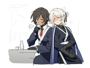 2girls black_coat blade_lineage_(identity)_(project_moon) blush brown_hair choko_(cup) coat collared_shirt cowboy_shot cup dark-skinned_female dark_skin drinking faust_(project_moon) hair_bun hashtag-only_commentary limbus_company multiple_girls necktie orange_eyes outis_(project_moon) project_moon red_necktie shirt short_hair tokkuri uzr_akira white_hair white_shirt wrist_wrap