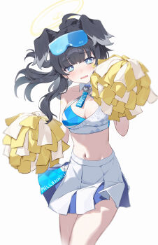 1girl absurdres ahoge animal_ears bare_arms bare_shoulders black_hair blue_archive blue_eyes blue_shirt blue_skirt blush breasts bright_pupils cheerleader chinese_commentary cleavage commentary cowboy_shot criss-cross_halter crop_top detached_collar dog_ears dog_girl extra_ears floppy_ears goggles goggles_on_head grey_hair halo halterneck hands_up head_tilt hibiki_(blue_archive) hibiki_(cheer_squad)_(blue_archive) highres holding holding_pom_poms long_hair looking_at_viewer medium_breasts midriff millennium_cheerleader_outfit_(blue_archive) multicolored_hair multicolored_shirt multicolored_skirt navel official_alternate_costume open_mouth paw_print pleated_skirt pom_pom_(cheerleading) pom_poms shanqianqian_317 shirt simple_background skirt solo star_(symbol) star_sticker sticker sticker_on_face streaked_hair text_print two-tone_shirt wavy_mouth white_background white_pupils white_shirt white_skirt yellow_halo