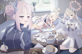 3girls angel_wings animal_ear_fluff animal_ears black_jacket black_neckerchief blonde_hair blue_archive blush bow breasts brown_eyes brown_hair buttons cake commentary_request cup detached_sleeves double_bun dress feathered_wings flower food fork fox_ears fox_girl gold_trim gym_uniform hair_bow hair_bun hair_flower hair_ornament halo hand_on_own_cheek hand_on_own_face highres holding holding_cup holding_food holding_pen holding_phone indoors jacket long_hair long_sleeves looking_at_another looking_at_viewer low_wings matchamassa medium_breasts mika_(blue_archive) mika_(track)_(blue_archive) multiple_girls nagisa_(blue_archive) neckerchief official_alternate_costume official_alternate_hairstyle open_mouth orange_halo pen phone pink_hair purple_flower seia_(blue_archive) single_hair_bun single_side_bun sleeveless sleeveless_dress smile swiss_roll tea_party_(blue_archive) track_jacket very_long_hair white_bow white_dress white_flower white_wings wide_sleeves wings yellow_eyes yellow_halo