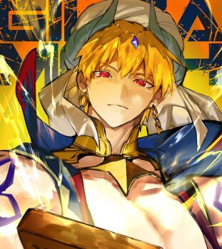 1boy bare_shoulders body_markings character_name earrings english_text fate/grand_order fate_(series) gem gilgamesh gilgamesh_(caster)_(fate) gilgamesh_(fate) gold_collar hair_ornament horned_hat jewelry looking_at_viewer male_focus open_clothes open_vest pectorals popped_collar purple_gemstone red_eyes solo suzuhi_(fullprayer) upper_body vest white_turban