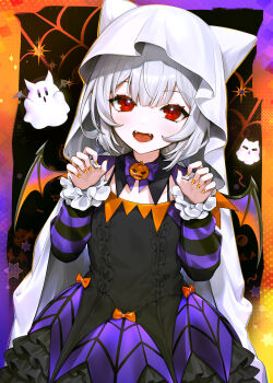 1girl absurdres black_dress bow bowtie claw_pose cowboy_shot dress fangs halloween hands_up hibiwa highres looking_at_viewer mini_wings nail_polish open_mouth orange_nails original purple_dress red_eyes short_hair smile solo two-tone_dress veil white_hair white_veil wings