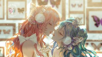 2girls anniversary bare_shoulders blue_hair blue_nails blurry blurry_background bow brown_hair bug butterfly commentary crown depth_of_field dress eye_contact fingernails framed_insect glint gloves green_eyes hair_between_eyes hand_up hatsune_miku headphones headset highres holding_hands imminent_kiss insect interlocked_fingers lace lace_gloves long_hair looking_at_another magnet_(vocaloid) megurine_luka mini_crown multiple_girls nail_polish parted_lips profile red_lips revision say_hana sleeveless sleeveless_dress song_name two_side_up upper_body vocaloid white_bow white_dress white_gloves yuri