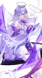 Rule 34 | 1girl, absurdres, aqua eyes, arms behind back, bare shoulders, bird, breasts, detached sleeves, dress, earrings, falling feathers, feathers, gloves, halo, hand on own chest, head wings, highres, honkai: star rail, honkai (series), jewelry, long hair, looking at viewer, medium breasts, parted lips, pigeon, purple dress, purple hair, robin (honkai: star rail), short sleeves, simple background, sitting, solo, two-tone dress, white background, white dress, white gloves, white wings, wings, zaaaki 7