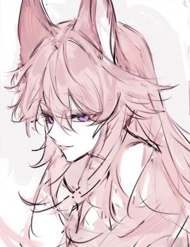 1girl :p absurdres animal_ears chinese_commentary commentary_request double-parted_bangs ears_up fox_ears fox_girl genshin_impact grey_background hair_between_eyes highres long_hair looking_ahead messy_hair pink_hair portrait purple_eyes simple_background sketch solo tongue tongue_out tsurime yae_miko yingxizu99