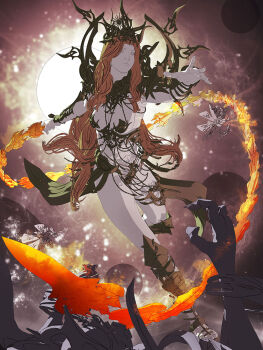 1girl 1other abs arm_up armor armored_pasties armpits attack bikini_armor boots breasts brown_boots character_request dynamic_pose fantasy fire fireball floating_clothes floating_hair full_body gold_armor gold_gauntlets gold_thighlet holding holding_whip jewelry large_breasts legend_of_the_cryptids light_particles lipstick long_hair long_sidelocks looking_ahead makeup monster navel nose official_art original outstretched_arms parted_lips pasties planet reaching reaching_towards_viewer realistic red_eyes red_hair red_lips revealing_clothes shoulder_blades sidelocks sky solo_focus space standing standing_on_one_leg star_(sky) sun thighlet tiara toned toned_female turning_around unfinished very_long_hair yu_cheng_hong