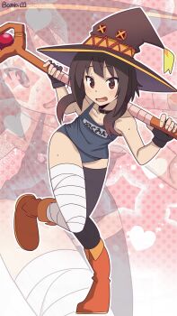 1girl artist_logo artist_name asymmetrical_legwear bambi2000line bandaged_leg bandages belt_collar black_gloves black_thighhighs blush boots brown_hair character_name collar dot_nose fingerless_gloves full_body gloves hat highres holding holding_staff kono_subarashii_sekai_ni_shukufuku_wo! leaning_forward logo mage_staff megumin mismatched_legwear open_mouth orange_boots red_eyes school_swimsuit short_hair_with_long_locks signature single_thighhigh solo staff standing standing_on_one_leg sweatdrop swimsuit thighhighs witch_hat