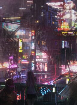 1boy 1girl 1other absurdres ambiguous_gender billboard building city_lights cityscape commentary_request cyberpunk highres hologram long_hair night original outdoors power_lines rain scenery standing transparent transparent_umbrella umbrella yamadera_kei