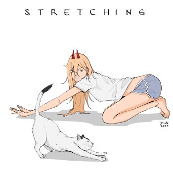 1girl absurdres all_fours animal barefoot blonde_hair blue_shorts cat chainsaw_man cross-shaped_pupils demon_horns dolphin_shorts feet full_body highres horns juurokutora long_hair meowy_(chainsaw_man) poses power_(chainsaw_man) red_horns sharp_teeth shirt short_shorts short_sleeves shorts simple_background solo stretching symbol-shaped_pupils t-shirt teeth toes white_background white_cat white_shirt