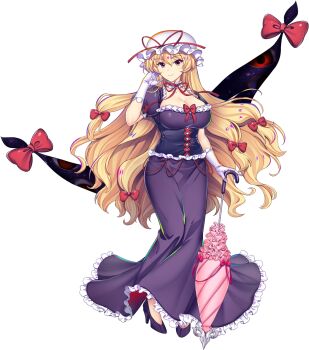 Rule 34 | 1girl, blonde hair, bow, breasts, cleavage, closed mouth, closed umbrella, dress, full body, game cg, gap (touhou), gloves, hair bow, hat, hat ribbon, highres, holding, holding umbrella, large breasts, looking at viewer, mob cap, multiple hair bows, official art, parasol, purple dress, red bow, red ribbon, ribbon, rotte (1109), smile, solo, third-party source, touhou, touhou lostword, transparent background, umbrella, white gloves, white hat, yakumo yukari