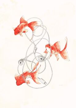 Rule 34 | absurdres, animal, animal focus, commentary, earphones, english commentary, fish, goldfish, haranikala, highres, no humans, original, simple background, white background