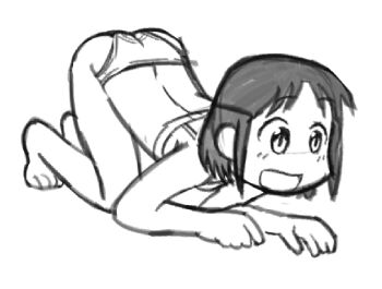 1girl ass barefoot bra city_(arawi_keiichi) greyscale izumi_wako looking_ahead monochrome official_style open_mouth short_hair shotlock sketch solo top-down_bottom-up underwear