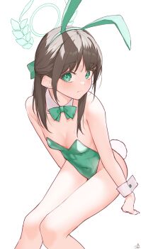 1girl absurdres airi_(blue_archive) animal_ears blue_archive blush bow breasts cleavage closed_mouth collar commentary_request detached_collar fake_animal_ears green_bow green_collar green_halo green_leotard hair_bow half_updo halo highres leotard long_hair looking_at_viewer medium_breasts playboy_bunny rabbit_ears simple_background sitting solo strapless strapless_leotard tachibana_shiori_(suica_112) thighs white_background white_wrist_cuffs wrist_cuffs