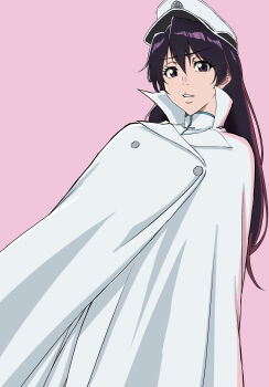 1girl bambietta_basterbine black_hair bleach bleach:_sennen_kessen-hen cape hat highres long_hair military_hat military_uniform natsuki_you pink_background purple_eyes quincy_(bleach) solo sternritter white_hat