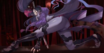 1girl absurdres arm_guards blood blood_on_clothes blood_on_face bodysuit breasts fate/grand_order fate_(series) highres holding holding_sword holding_weapon huge_breasts katana long_hair looking_at_viewer minamoto_no_raikou_(fate) minamoto_no_raikou_(first_ascension)_(fate) purple_eyes purple_hair rope simple_background slob_slime solo sword very_long_hair weapon