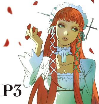 1girl blunt_bangs choker commentary_request cross_hair_ornament dress falling_petals frilled_choker frilled_dress frilled_hairband frills hair_ornament hairband highres holding lipgloss lolita_fashion lolita_hairband long_hair long_sidelocks long_sleeves looking_to_the_side makeup object_through_head parted_lips persona persona_3 petals red_hair red_petals ribbon rikainot sidelocks solo square_neckline white_background white_dress white_ribbon yoshino_chidori