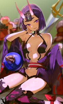 1girl absurdres ankle_ribbon bare_shoulders bob_cut breasts eyeliner fate/grand_order fate_(series) headpiece highres horns japanese_clothes kimono leg_ribbon long_sleeves looking_at_viewer makeup oni purple_eyes purple_hair purple_kimono revealing_clothes ribbon short_eyebrows short_hair shuten_douji_(fate) skin-covered_horns small_breasts smile solo yun-yang