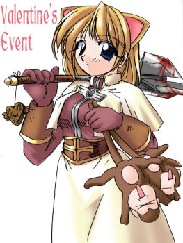 1girl 2000s_(style) acolyte_(ragnarok_online) animal_ears blonde_hair blood bloody_weapon blue_eyes blush breasts brown_gloves brown_shirt cat_ears cat_girl closed_mouth commentary_request cowboy_shot expressionless gloves holding holding_mace holding_weapon long_sleeves looking_at_viewer mace medium_breasts monkey ragnarok_online shirt short_hair simple_background skirt solo tatsumi_ray valentine weapon white_background white_skirt yoyo_(ragnarok_online)
