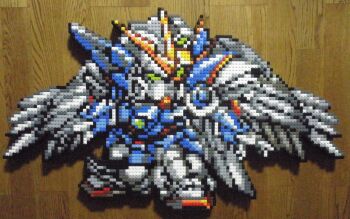 Rule 34 | armor, chibi, full body, green eyes, gundam, gundam wing, gundam wing: endless waltz, highres, lego, lego (medium), looking to the side, mecha, mobile suit, photo (medium), pixel art, robot, solo, standing, unconventional media, v-fin, wing gundam zero custom, you rei (blowback)