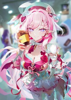 2girls absurdres bangboo_(zenless_zone_zero) blurry blurry_background braid breasts cleavage closed_mouth commentary cowboy_shot cup diamond-shaped_pupils diamond_(shape) disposable_cup dress earrings elysia_(hi_love_elf)_(honkai_impact) elysia_(honkai_impact) fingernails genshin_impact gloves hair_ornament hand_on_own_hip hat heart heart_earrings heart_hair_ornament highres holding holding_cup honkai_(series) honkai_impact_3rd jelmul jewelry large_breasts leaning_forward long_hair looking_at_viewer mihoyo multicolored_hair multiple_girls pantyhose people photo_background pink_hair pink_skirt pointy_ears purple_eyes raiden_shogun sharkboo_(zenless_zone_zero) single_glove single_leg_pantyhose single_thighhigh skirt smile solo_focus streaked_hair symbol-shaped_pupils thighhighs very_long_hair white_dress white_gloves white_hat white_pantyhose white_thighhighs zenless_zone_zero
