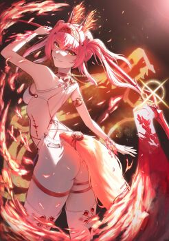 1girl backless_bodysuit bodysuit commentary grin hairband headgear highres long_hair looking_at_viewer looking_to_the_side lupa_(wuthering_waves) metal_hairband pink_hair seongjong7966 smile solo tacet_mark_(wuthering_waves) tail turning_head white_bodysuit wolf_tail wuthering_waves yellow_eyes