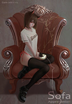1girl 3d black_pantyhose breasts controller joystick large_breasts legs mr_goblin original pantyhose shirt shoes short_hair t-shirt thighhighs thighs