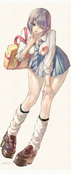 Rule 34 | 1girl, bag, blue necktie, blue skirt, boots, brown boots, cellphone, commentary request, full body, green eyes, hand on own knee, highres, inaba makoto, koushinchou no kouhai to teishinchou no senpai ga renai ni hatten suru made, looking at viewer, loose socks, miniskirt, necktie, one eye closed, oohara misaki (koushinchou no kouhai to teishinchou no senpai ga renai ni hatten suru made), phone, platform boots, pleated skirt, purple hair, school uniform, shirt, short hair, shoulder bag, simple background, skirt, smartphone, socks, solo, striped clothes, striped necktie, tongue, tongue out, v, white background, white shirt, white socks, yellow bag