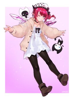 1girl ;d absurdres asymmetrical_wings beret black_choker black_pantyhose bloom_(irys) blue_eyes boots bow brown_boots brown_cardigan cable_knit cardigan choker commentary crystal_wings dress earrings empire_waist english_commentary full_body gloom_(irys) grin hat hat_bow highres hololive hololive_english hood hooded_cardigan irys_(casualrys)_(hololive) irys_(hololive) jewelry lace-trimmed_choker lace_trim long_sleeves looking_at_viewer mismatched_wings namiorii necklace official_alternate_costume official_alternate_hairstyle one_eye_closed open_cardigan open_clothes open_mouth pantyhose pointy_ears puffy_long_sleeves puffy_sleeves purple_hair short_dress short_hair side_ponytail smile solo sparkle_print virtual_youtuber white_dress white_hat wings