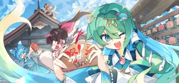 4girls adapted_costume alternate_costume alternate_hair_color apron artist_request black_hat black_skirt black_vest blonde_hair blue_bow blue_eyes blue_hair blue_skirt blue_sky blue_vest blush bow brown_hair building character_print cirno closed_eyes cloud day detached_sleeves ema fang frilled_bow frilled_hair_tubes frills frog_hair_ornament game_cg gradient_hair green_hair hair_bow hair_ornament hair_tubes hakurei_reimu hat hat_bow kirisame_marisa kochiya_sanae long_hair looking_at_viewer moriya_suwako multicolored_hair multiple_girls non-web_source official_art on_roof one_eye_closed open_mouth red_bow ribbon-trimmed_sleeves ribbon_trim second-party_source single_hair_tube sitting_on_roof skirt sky smile snake_hair_ornament touhou touhou_gensou_eclipse translation_request very_long_hair vest waist_apron witch_hat yasaka_kanako yellow_eyes