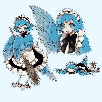 1girl apron bird_legs bird_tail blue_eyes blue_feathers blue_hair blue_maid_harpy_(i7go34) blue_tail blue_tongue blue_wings blush broom colored_tongue commentary_request dress feathered_wings feathers frills harpy highres holding holding_broom i7go34 lying maid maid_headdress monster_girl multiple_views on_stomach open_mouth original short_hair simple_background tail talons winged_arms wings