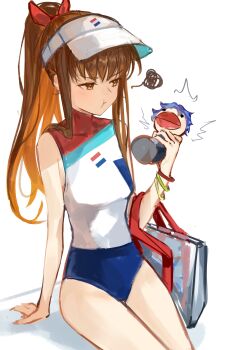 1girl :t absurdres bag bare_shoulders blue_one-piece_swimsuit bracelet breasts brown_eyes brown_hair character_doll character_request doll fate/grand_order fate_(series) hat highres jewelry kishinami_hakuno_(female) long_hair multicolored_swimsuit one-piece_swimsuit one_eye_closed ponytail shoulder_bag sidelocks sitting small_breasts squiggle stuffed_toy swimsuit thighs visor_cap white_hat white_one-piece_swimsuit yotsutsu428