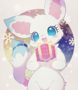1girl :3 animal_ears arctic_fox blue_eyes blush box chibikemo circle commentary_request cowboy_shot fox_ears fox_girl fox_tail furry furry_female gift gift_box happy highres holding holding_gift jewelpet_(creature) jewelpet_(series) larimar_(jewelpet) looking_at_viewer open_mouth rorizu snowflakes solo tail white_fur