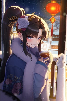 1girl absurdres black_hair blue_eyes blush building character_request cup floral_print flower fur_trim grin hair_flower hair_ornament hands_up highres holding holding_cup lantern long_hair long_sleeves looking_at_viewer night novelpia paper_lantern parted_bangs ponytail sky sleeves_past_wrists smile snow snowing snowman solo steam ukoo_(kv7863) very_long_hair white_flower