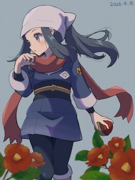 Rule 34 | 1girl, absurdres, akari (pokemon), black hair, black pantyhose, black sash, blush, butaniku (niginigi777), commentary request, floating scarf, flower, galaxy team survey corps uniform, grey eyes, grey jacket, headscarf, highres, hisuian poke ball, holding, holding poke ball, jacket, long hair, nintendo, pantyhose, parted lips, poke ball, pokemon, pokemon legends: arceus, ponytail, red scarf, sash, scarf, sidelocks, white headscarf