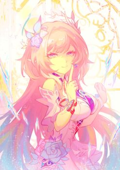 1girl bare_shoulders breasts commentary_request cyrene_(honkai:_star_rail) cyrene_(ripples_of_past_reverie)_(honkai:_star_rail) detached_sleeves dress earrings flower hair_flower hair_ornament highres honkai:_star_rail honkai_(series) jewelry large_breasts long_hair looking_at_viewer pink_hair pointy_ears purple_eyes revision smile solo szpw_nmh3 very_long_hair white_dress