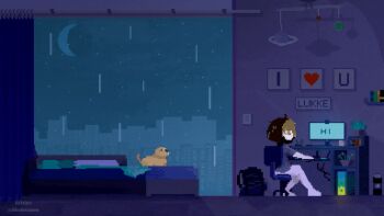 1girl animated animated_gif bed bedroom computer dog indoors locker lofi_girl lofi_girl_(youtube) non-web_source pepsi pixel_art rain solo window