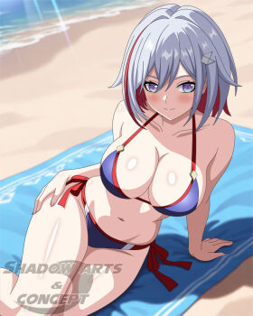 bare_shoulders beach beach_towel bikini black_boots blue_eyes blush boots breasts hair_ornament hairclip honkai:_star_rail honkai_(series) large_breasts looking_at_viewer multicolored_hair red_hair shadowarts short_hair signature swimsuit topaz_(honkai:_star_rail) towel water white_hair